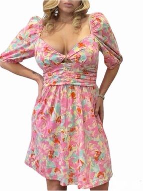 Charles Henry Feminine Pink Floral Sweetheart Cutout Summer Dress Size L